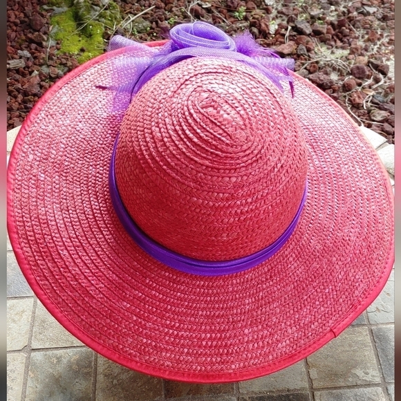 NEW LADIES RED HAT SOCIETY STRAW BRIM HAT WITH PURPLE BOW - Picture 7 of 10